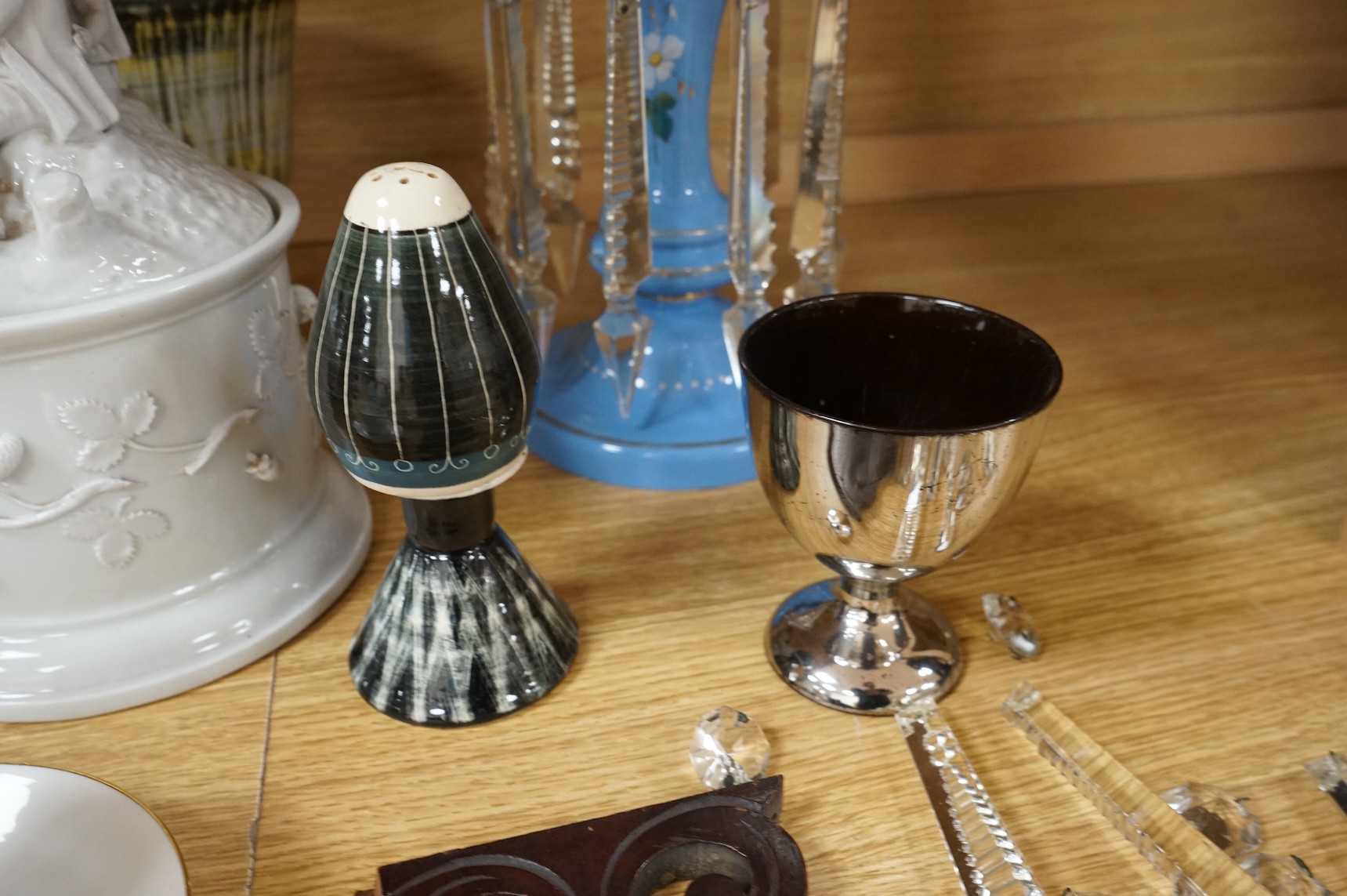 A collection of ceramics and glassware to include a lustre with drops, a bisque figure group and 19th century tea bowl and saucer